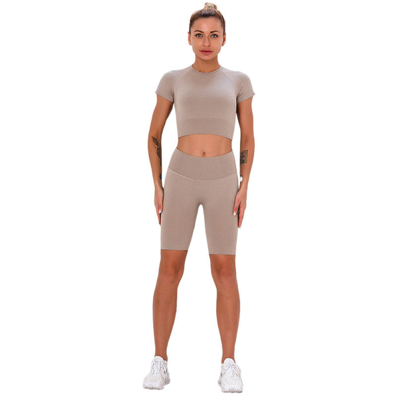 Wood Brown Seamless Short Sleeve Yoga Sports Set TQE00138-213