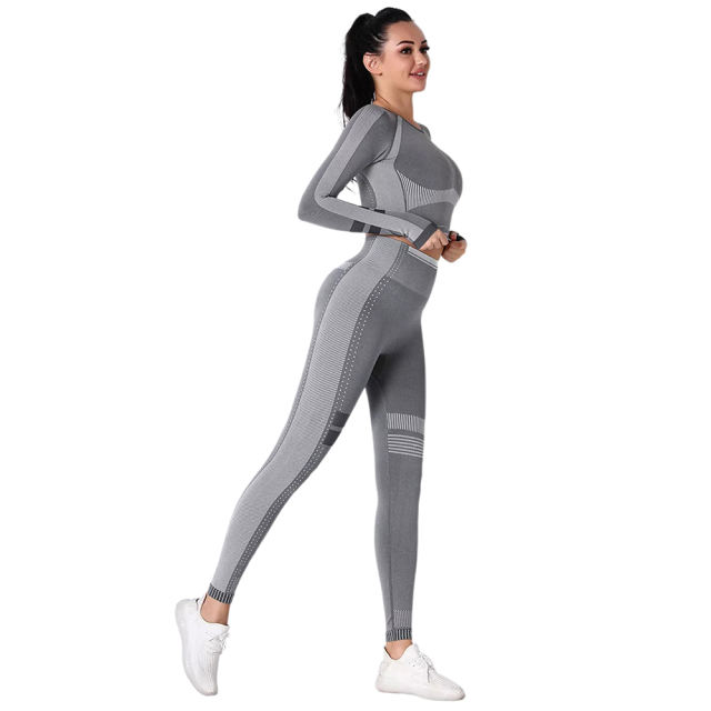 Dark Gray Seamless Knit Long Sleeve Pant Yoga Set TQE91372-26