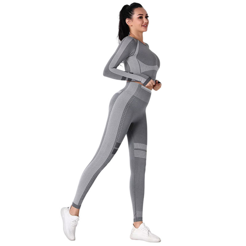 Dark Gray Seamless Knit Long Sleeve Pant Yoga Set TQE91372-26