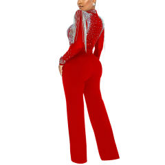 Red Rhinestone Mock Neck Tassel Jumpsuit TQK550272-3