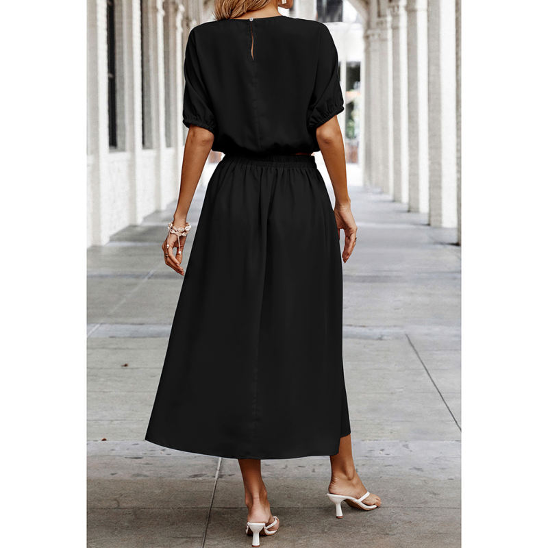 Black Pleated Crop Top with Skirt Set TQX711094-2