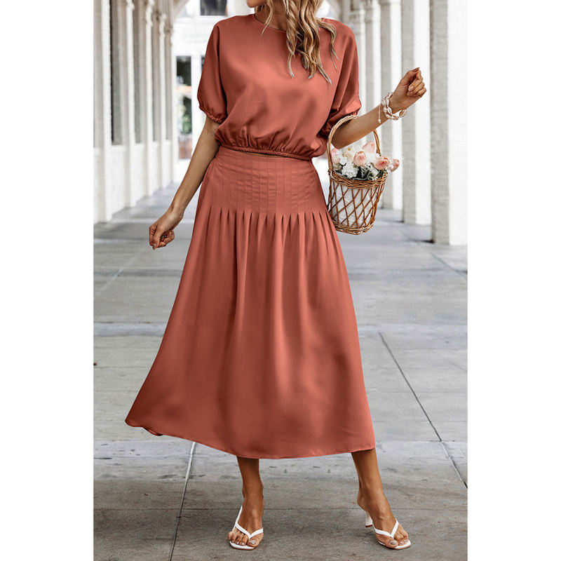 Rust Red Pleated Crop Top with Skirt Set TQX711094-33