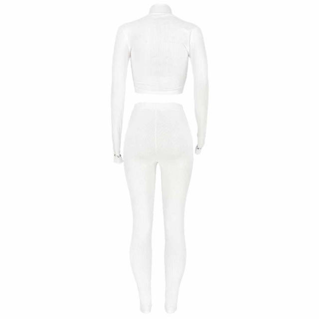 White Cotton Blend Zipper Datail Long Sleeve Top with Pant Set TQK710132-1