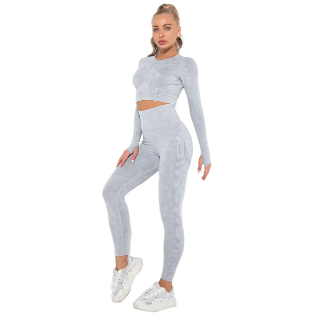 Light Gray Nylon Seamless Long Sleeve Pant Yoga Set TQE91361-112