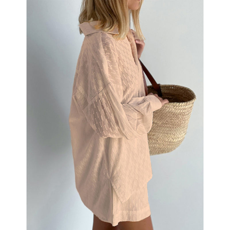 Khaki Hollow-out Jacquard Long Sleeve Shirt with Shorts Set TQF711040-21