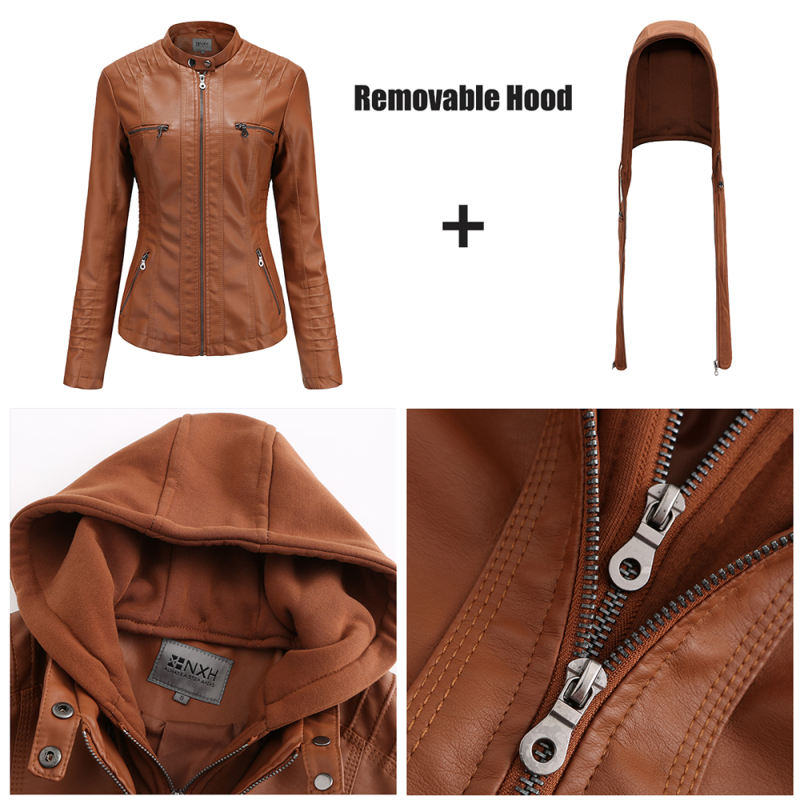 Camel Removable Hooded Washed PU Leather Jacket TQK280096-58