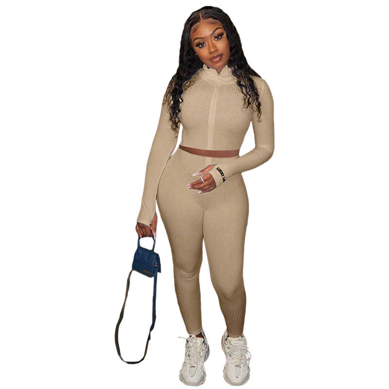Khaki Cotton Blend Zipper Datail Long Sleeve Top with Pant Set TQK710132-21