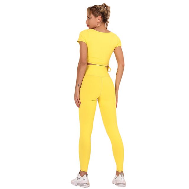 Yellow Sides Drawstring Short Sleeve Yoga Pant Set TQK710243-7