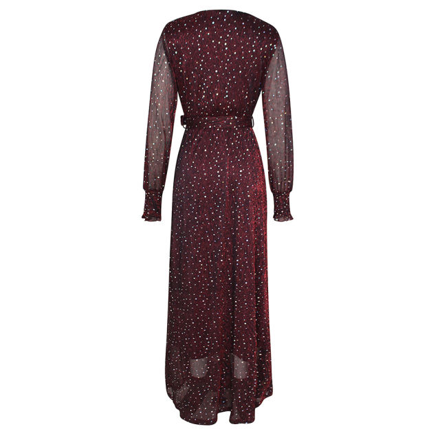 Burgundy Sequin V Neck High Split Maxi Dress TQK311352-23