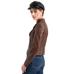 Coffee Zipper Slim Fit Motorcycle PU Leather Jacket TQK280090-15