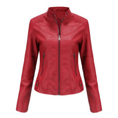 Red Slim Fit Stand Collar PU Motorcycle Jacket TQK280091-3