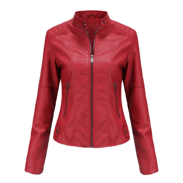 Red Slim Fit Stand Collar PU Motorcycle Jacket TQK280091-3