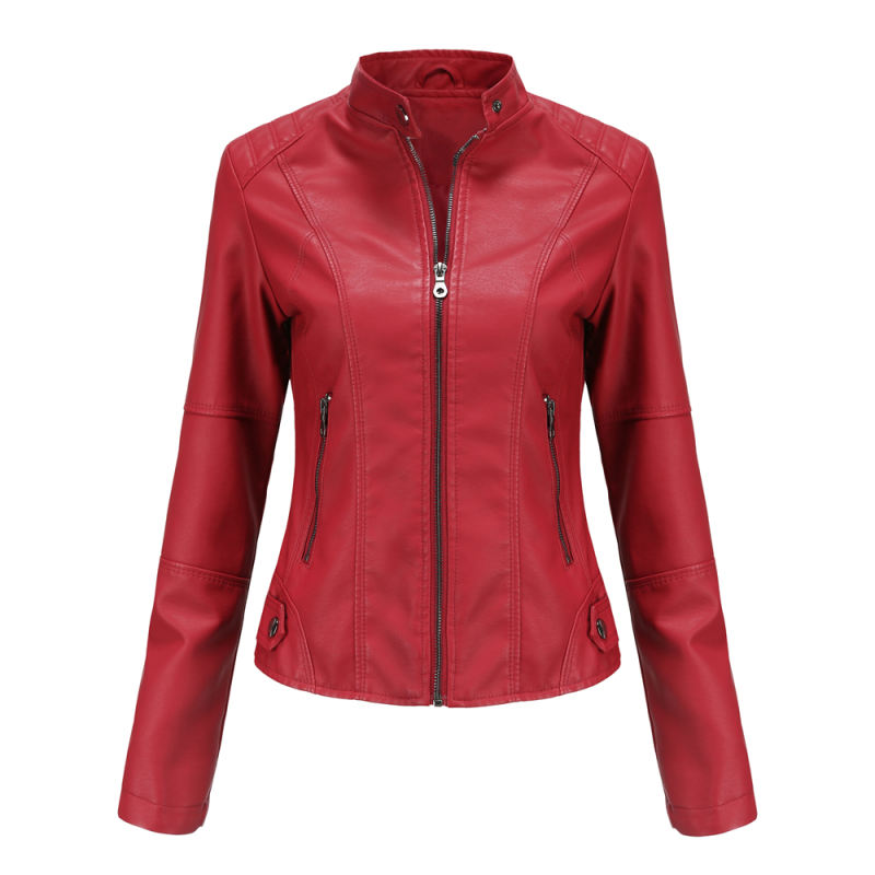 Red Slim Fit Stand Collar PU Motorcycle Jacket TQK280091-3