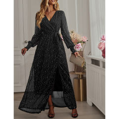 Black Sequin V Neck High Split Maxi Dress TQK311352-2