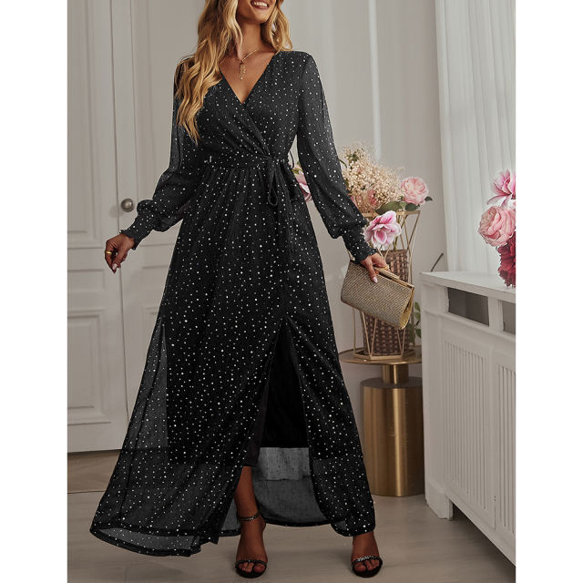 Black Sequin V Neck High Split Maxi Dress TQK311352-2