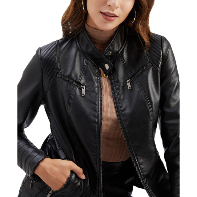 Black Zipper Pockets Long Sleeve PU Leather Jacket TQK280093-2