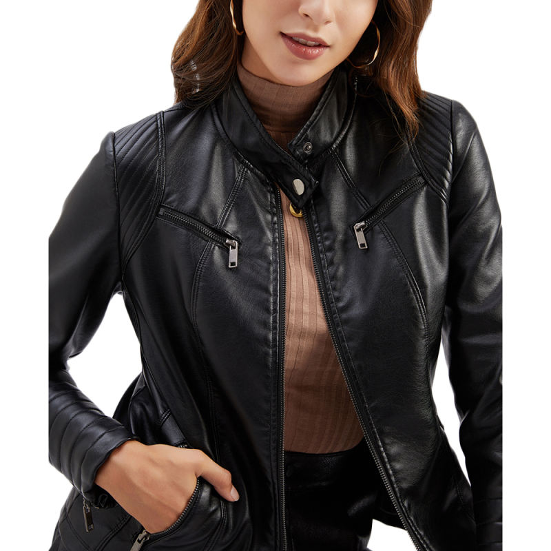 Black Zipper Pockets Long Sleeve PU Leather Jacket TQK280093-2
