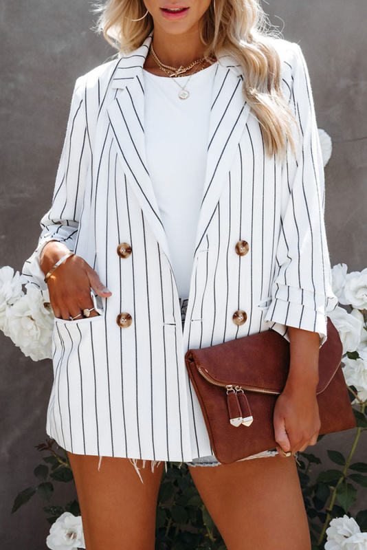 White Double Breasted Pocketed Striped Blazer LC852386-1