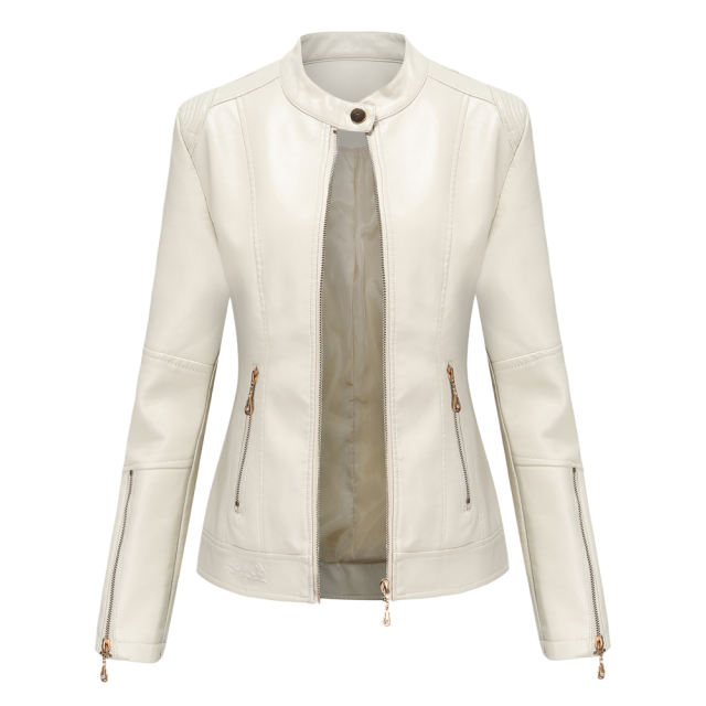 Beige Stand Collar Zipper Detail PU Leather Jacket TQK280094-46