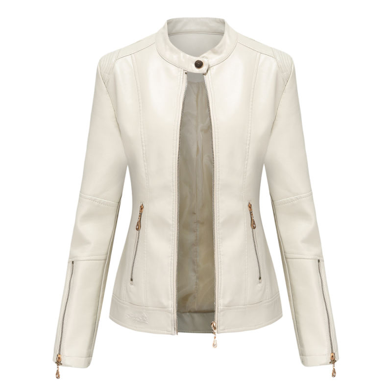 Beige Stand Collar Zipper Detail PU Leather Jacket TQK280094-46