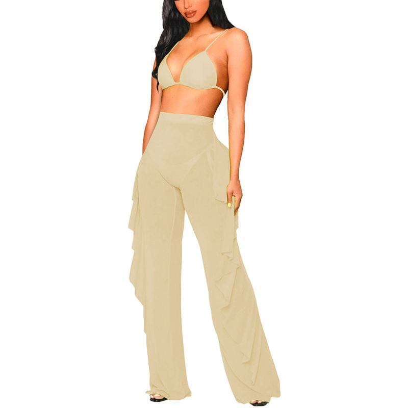 Apricot 3Pcs Mesh Pants with Bikini Set TQK610248-18