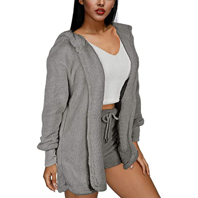 Gray Plush Hoodie with Shorts and White Vest 3pcs Set TQK710393-11