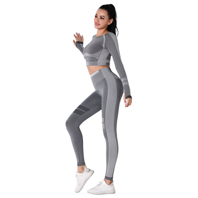 Dark Gray Seamless Knit Long Sleeve Pant Yoga Set TQE91372-26