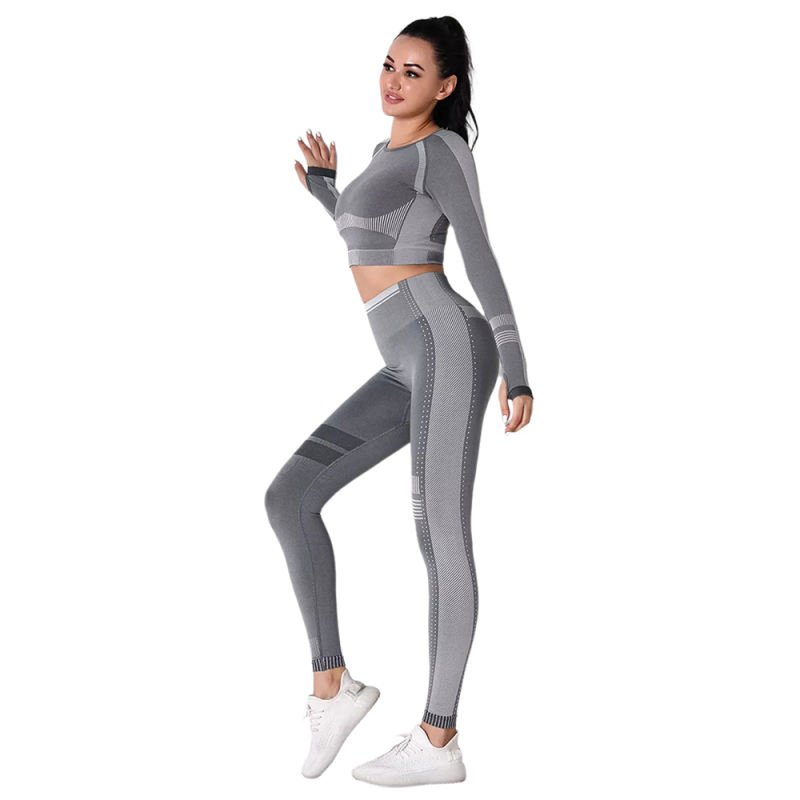 Dark Gray Seamless Knit Long Sleeve Pant Yoga Set TQE91372-26