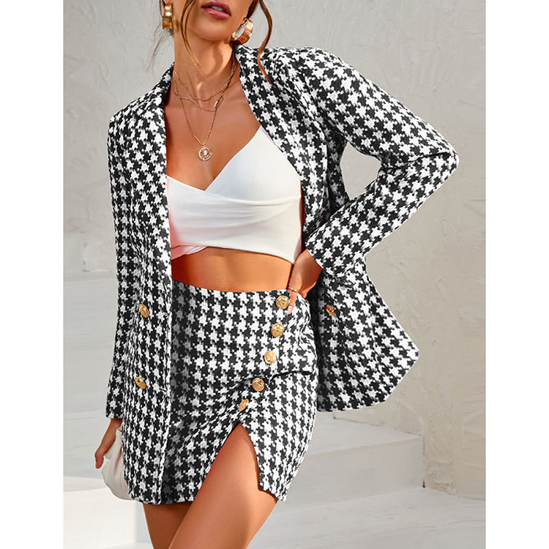 Black Plaid Print Blazer and Button Split Skirt Set TQF711046-2