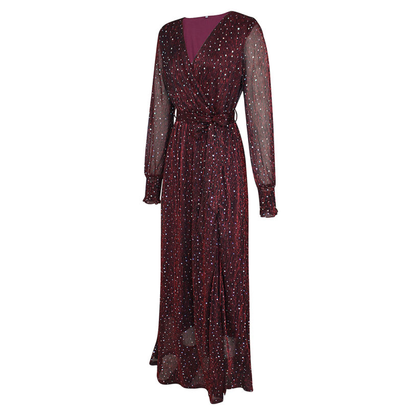 Burgundy Sequin V Neck High Split Maxi Dress TQK311352-23