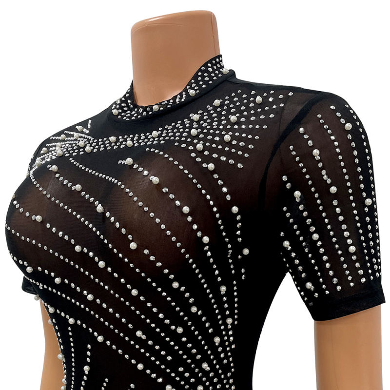 Black Rhinestone Studded Pearl See-through Tassle Club Dress TQK311350-2
