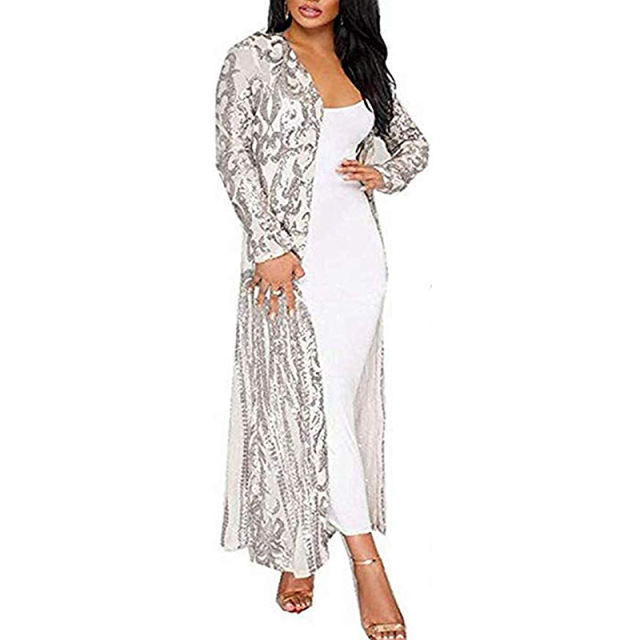 Silver Sequined Perspective Long Cardigan TQK280045-13