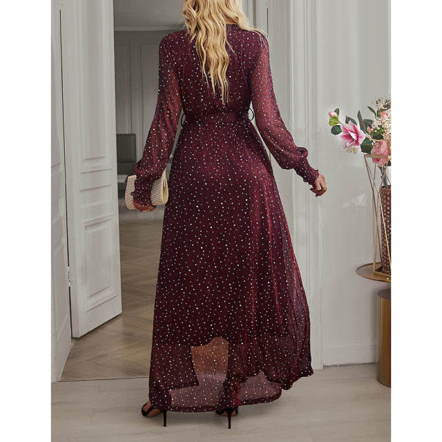 Burgundy Sequin V Neck High Split Maxi Dress TQK311352-23