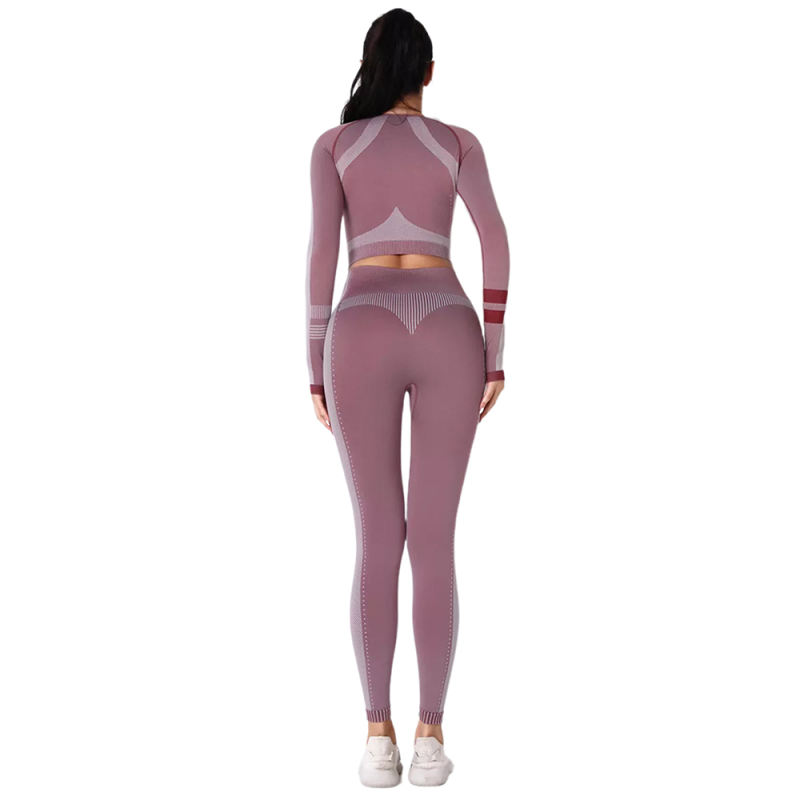 Wine Red Seamless Knit Long Sleeve Pant Yoga Set TQE91372-103