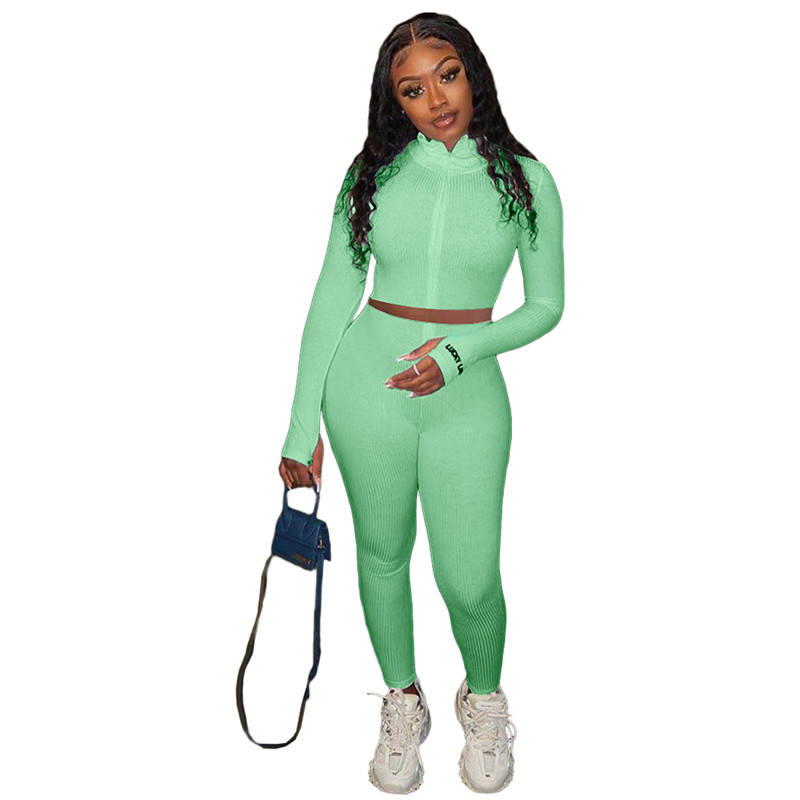 Light Green Cotton Blend Zipper Datail Long Sleeve Top with Pant Set TQK710132-28