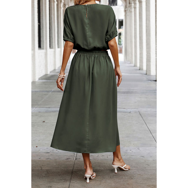 Army Green Pleated Crop Top with Skirt Set TQX711094-27