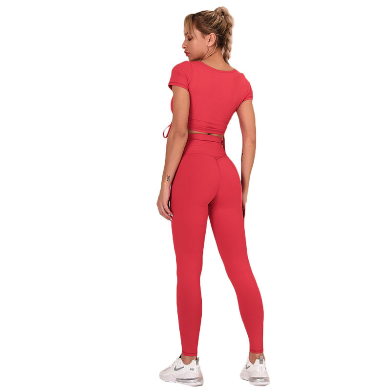 Red Sides Drawstring Short Sleeve Yoga Pant Set TQK710243-3