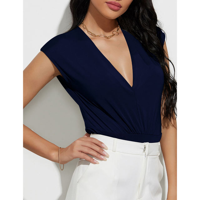 Navy Blue Solid V Neck Sleeveless Bodysuit TQV220175-34