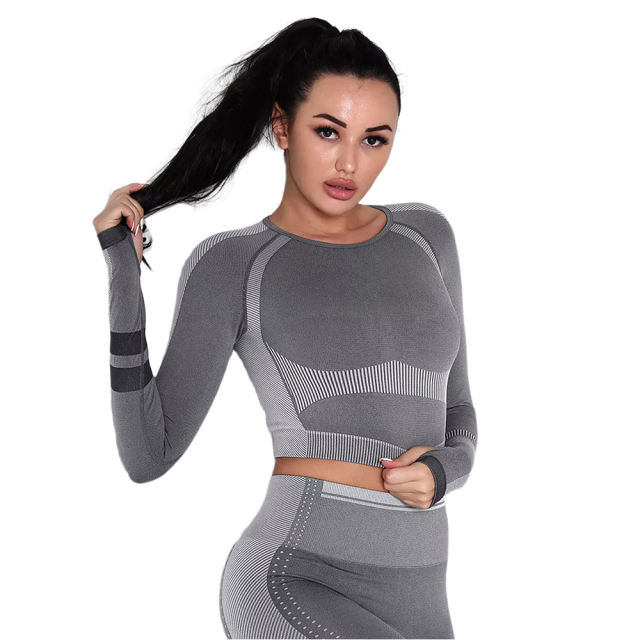 Dark Gray Seamless Knit Long Sleeve Pant Yoga Set TQE91372-26