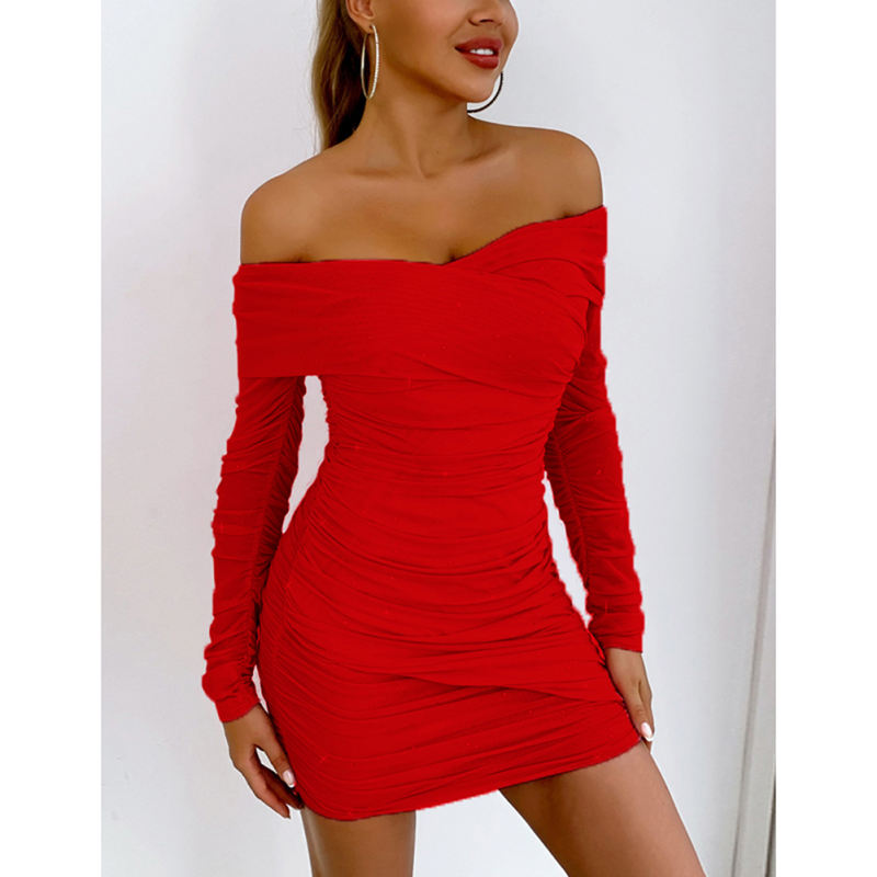Red Off the Shoulder Shinning Long Sleeve Dress TQK311217-3