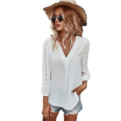 White V Neck Chiffon Long Sleeve Blouse TQK210640-1