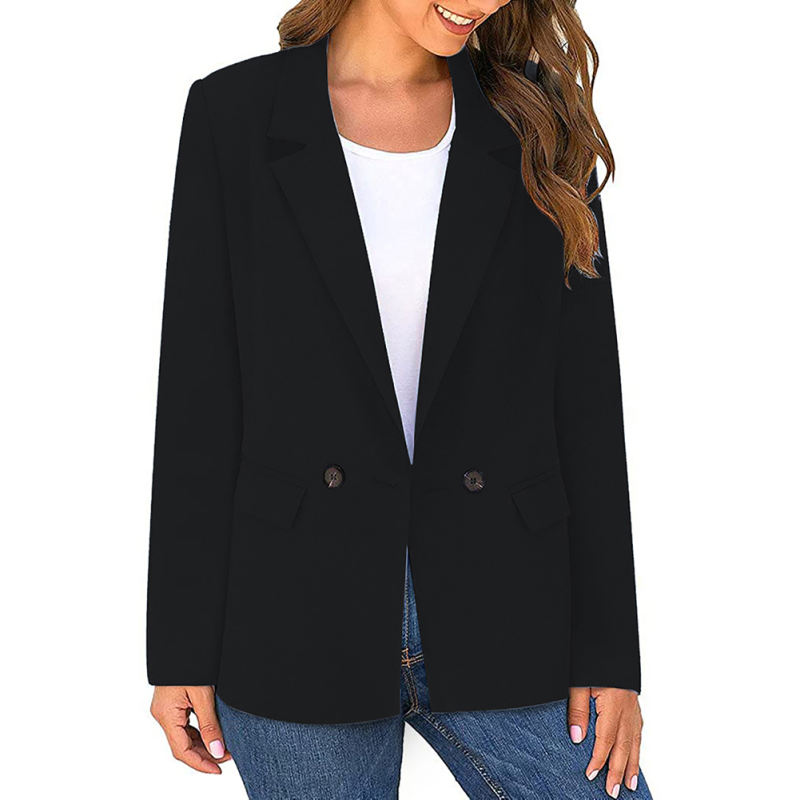 Black Lapel Collar Button Solid Color Blazer TQK260054-2