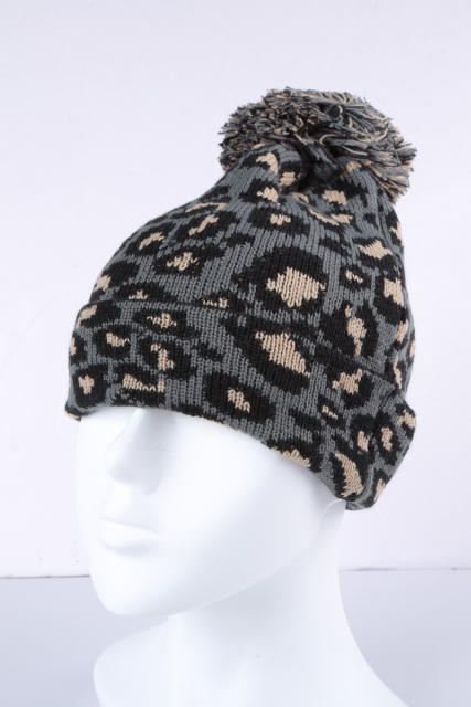 Gray Leopard Pom Beanie LC02113-11