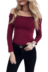 Wine Red Solid Color Off Shoulder Slim Fit Long Sleeve Top LC2518668-3