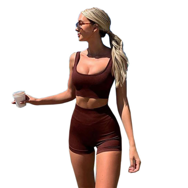 Brown Seamless Knit Yoga Bra with Shorts Set TQK710237-17