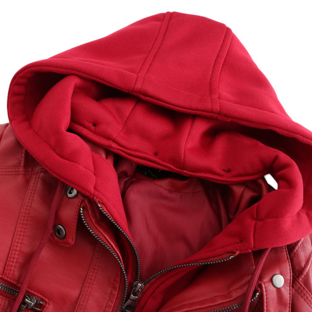 Red Removable Hooded Washed PU Leather Jacket TQK280096-3