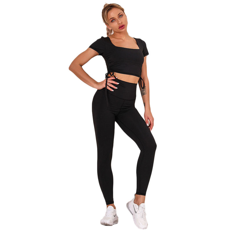 Black Sides Drawstring Short Sleeve Yoga Pant Set TQK710243-2
