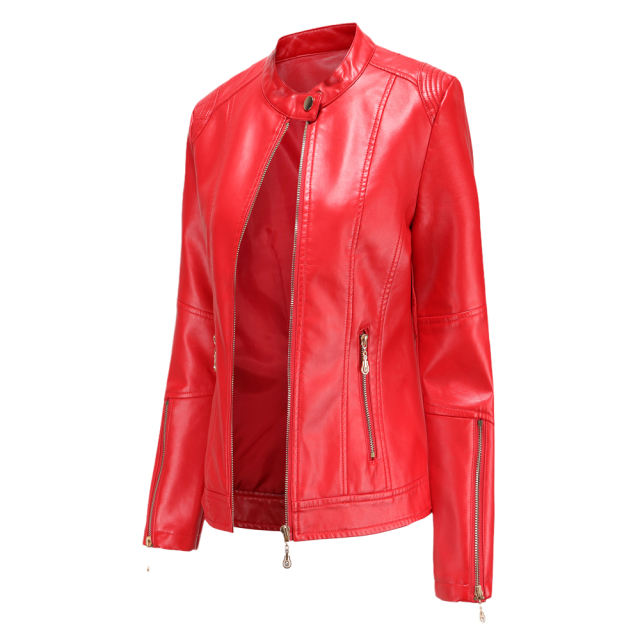 Red Stand Collar Zipper Detail PU Leather Jacket TQK280094-3