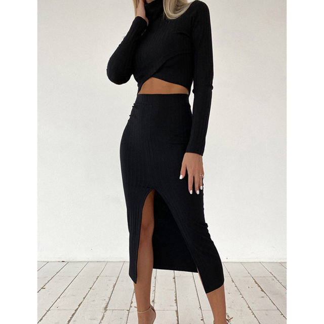Black Turtleneck Crop Top with Slit Skirt 2pcs Set TQF711032-2