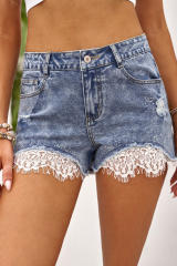 Lace Rhinestone Decor Frayed Hem Denim Shorts LC781175-4